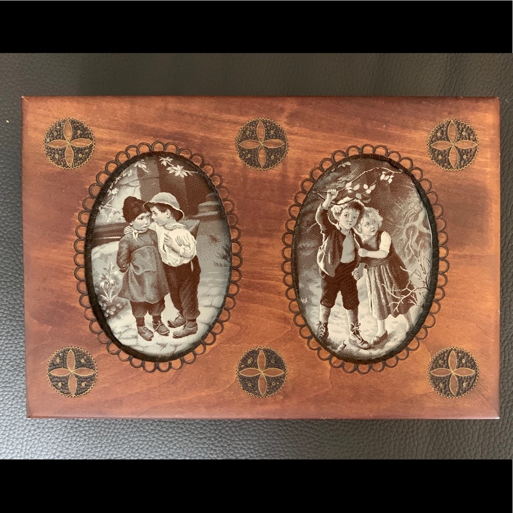 Wooden Jewelry Box w/ Embroidered Silk Insets
